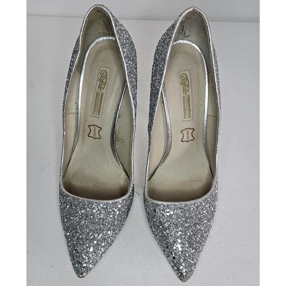 Womens Buffalo London Heels Glitter Silver Leather Lining Shoes SZ EU 38D/US 7.5 - Picture 2 of 9